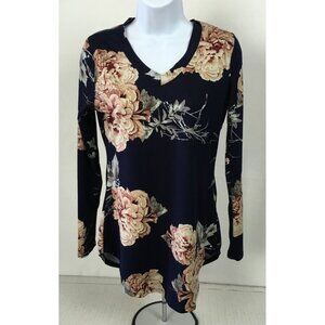 Reborn J Women Top Size S Floral Long Sleeve V Neck Navy with Peach Color Flower